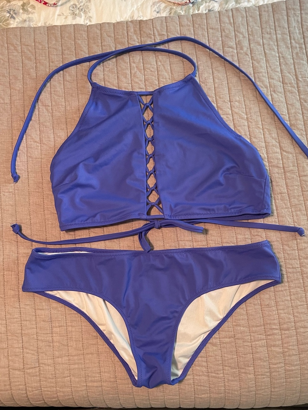 PINK Victoria's Secret Blue Lace-Front High-Neck Bikini